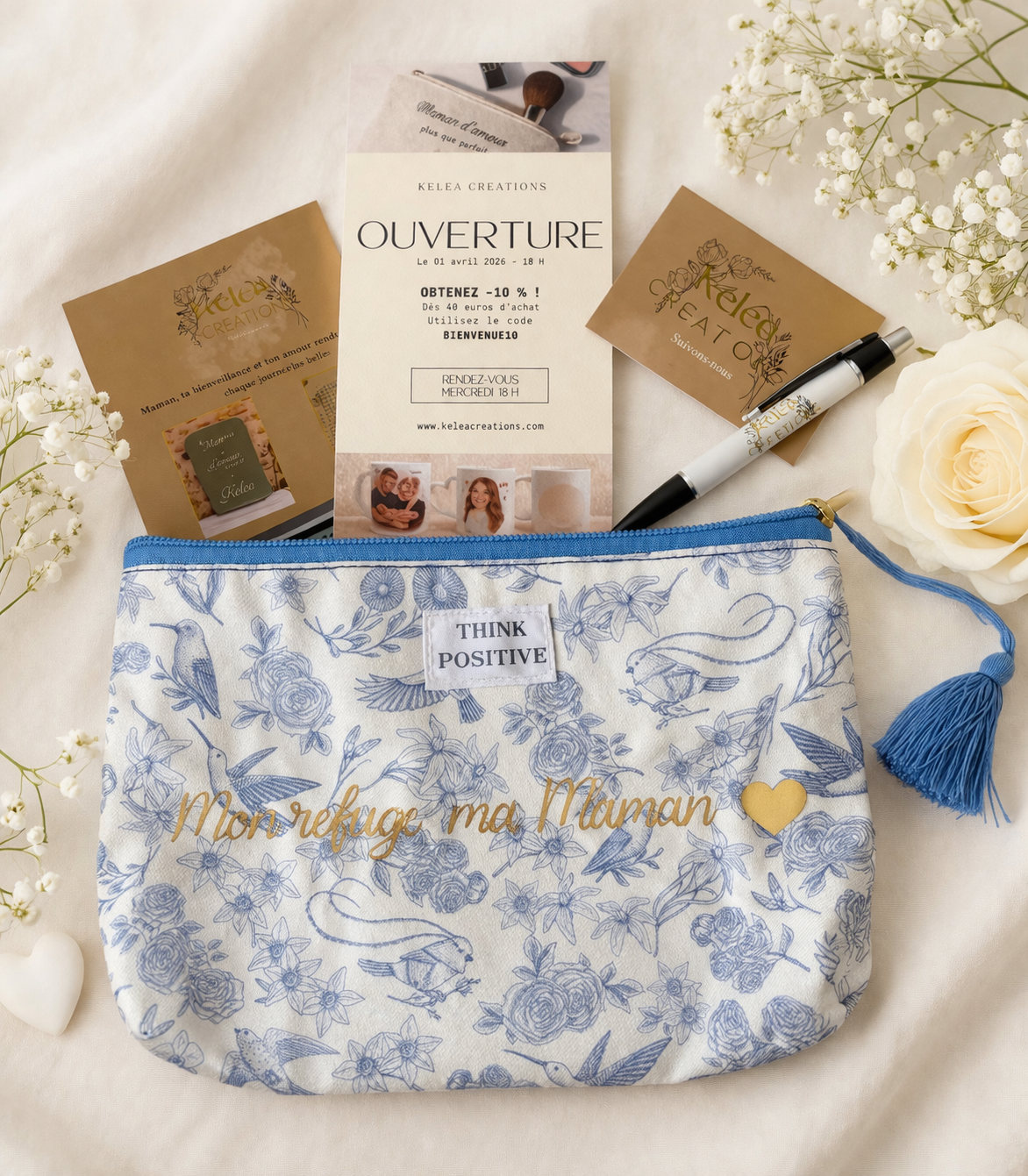 Pochette personnalisée fleurie 💙 – Petit cadeau unique et pratique